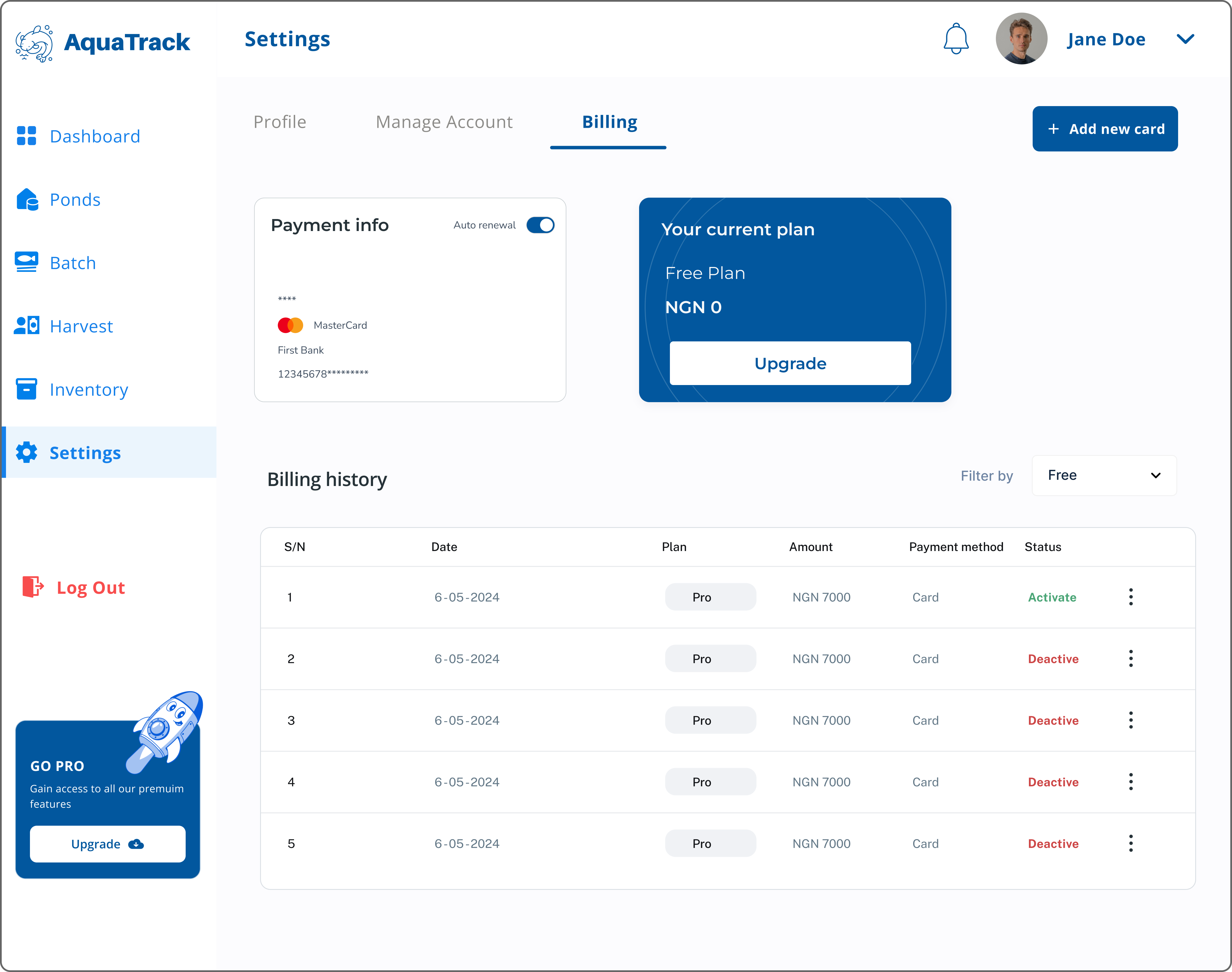 Aquatrack Settings Payment